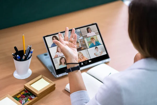 Teacher Hosting Online Class Using Video Conference Laptop — Stock Photo, Image