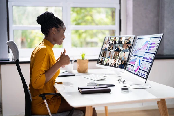 Virtuelle Telearbeit Webinar Und Lernpräsentation Afrikanische Person Fernverkehr — Stockfoto