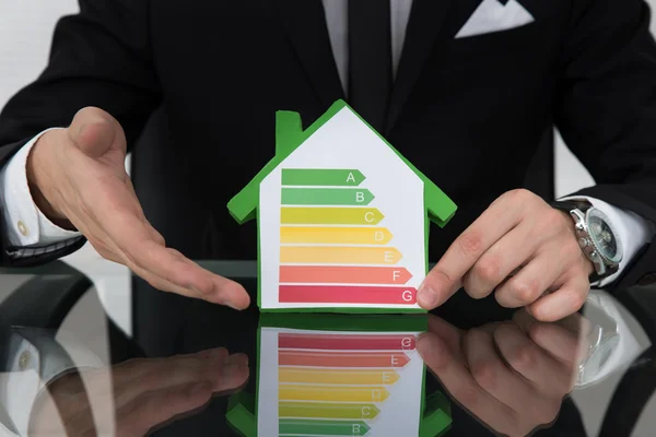 Geschäftsmann zeigt Energieeffizienzdiagramm am Hausmodell — Stockfoto