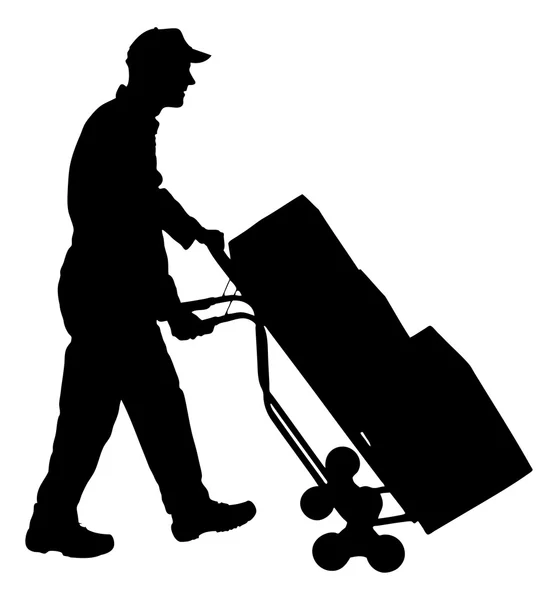 Silhouette Delivery Man Pushing Handtruck — Stock Vector