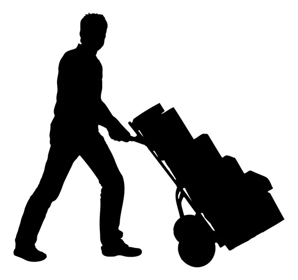 Homem de entrega silhueta empurrando Handtruck com pacotes —  Vetores de Stock