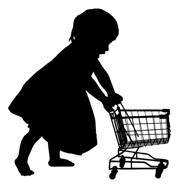 Siluet kız iterek alışveriş sepeti — Stok Vektör