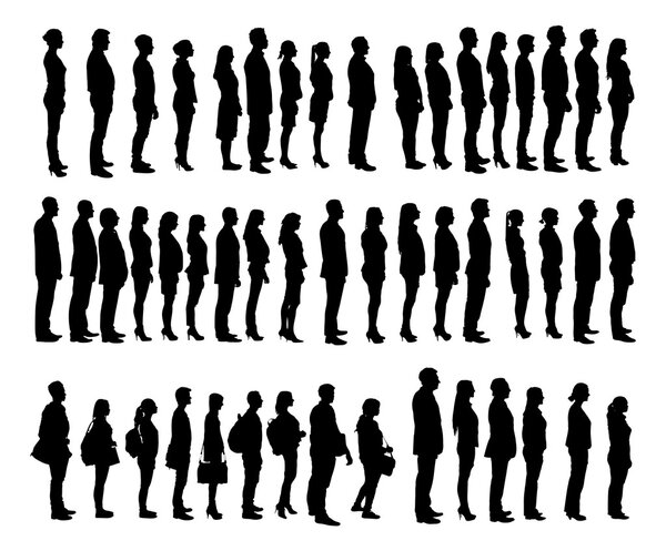 Коллаж силуэтов людей, стоящих в очереди
