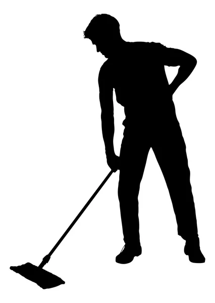 Silhouette Man Sweeping Floor With Mop — Stock Vector