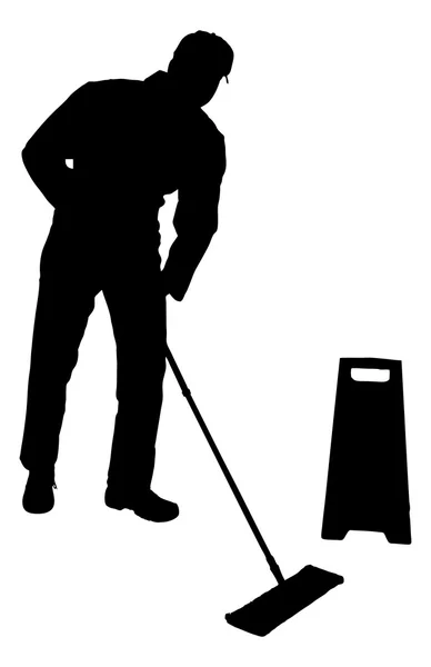 Silhouette Man Cleaning Floor With Mop — Stock Vector