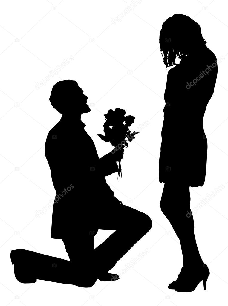 Silhouette Man Giving Flowers To Woman