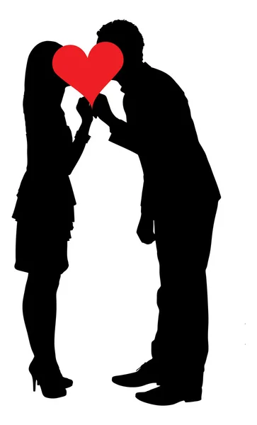 Silhouette Couple Kissing Behind Heart Shape — Stock Vector