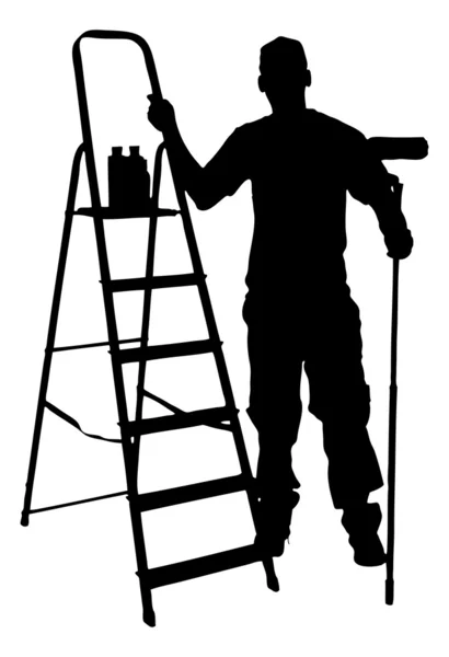 Silhouette Painter Standing With Ladder — Stock Vector