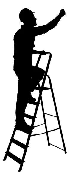 Silhouette Construction Worker Climbing On Ladder — Stock Vector