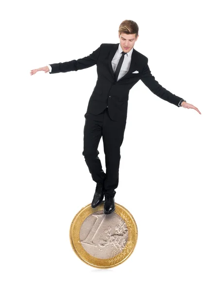 Businessman Balancing On One Euro Coin — Stock Photo, Image