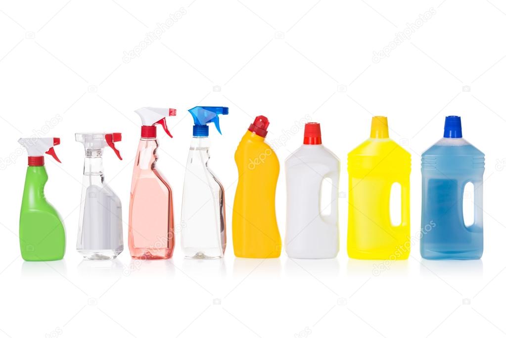 Cleaning liquid bottles in row