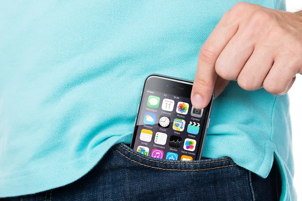 Man Removing Apple iPhone 6 From Pocket — Stock Photo, Image