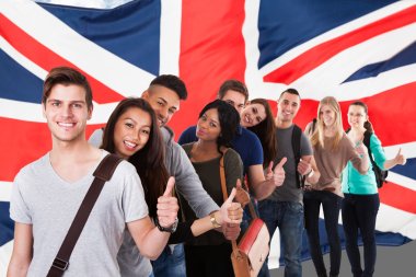 Students In Front Of Uk Flag clipart