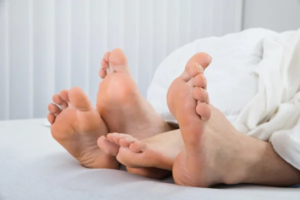 Четыре ноги в кровати — стоковое фото