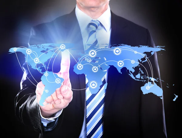 Businessman Touching Connected World Map — Stock Photo, Image