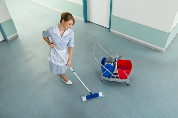 Janitor com equipamento de limpeza — Fotografia de Stock