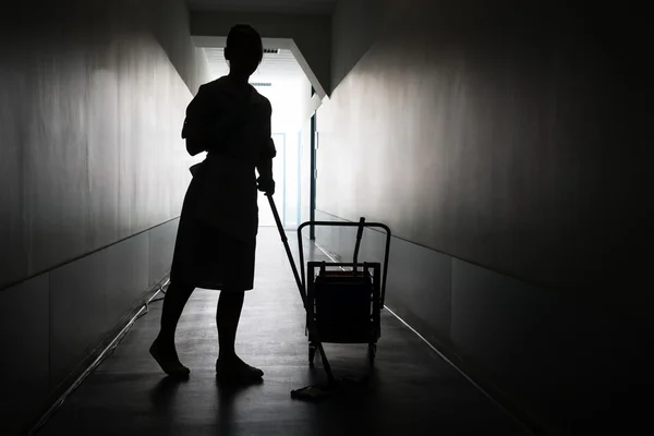 Silhouette Of Maid Cleaning Floor — Stock Photo, Image