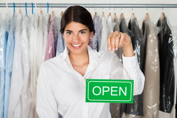 Owner Showing Open Sign — Stock Photo, Image