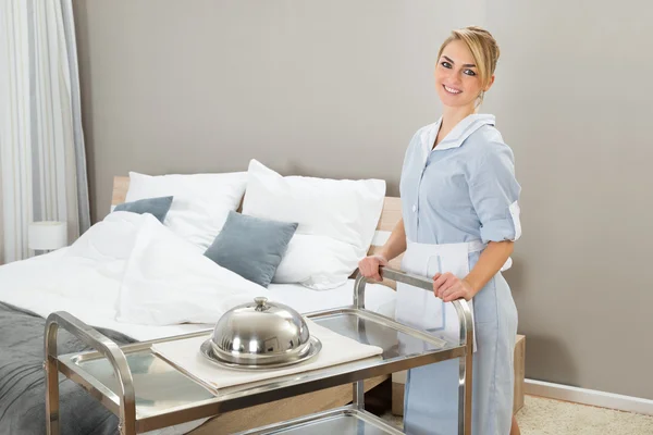 Beautiful Maid with Tray Of food — Stock Photo, Image