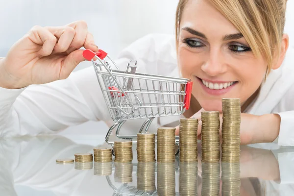 Mujer de negocios con mini carrito de compras —  Fotos de Stock