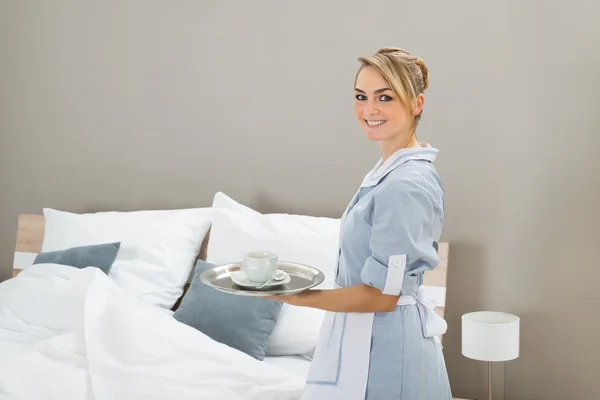 Maid Holding Tray Of Tea — Stock Photo, Image