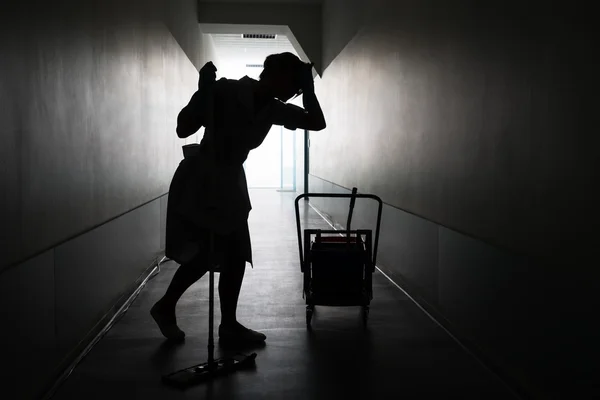 Silhouette Of Female Maid With Mop — Stock Photo, Image