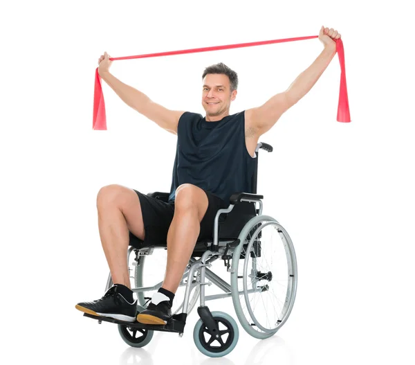 Disabled Man On Wheelchair With Resistance Band — Stock Photo, Image