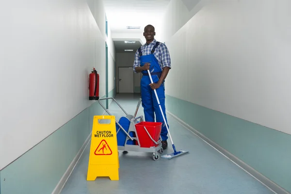 Janitor Holding Mop — Stock Photo, Image