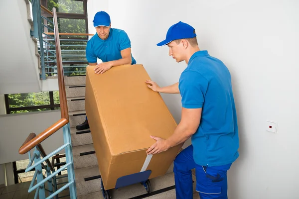 Los hombres se mueven caminando hacia abajo con la caja — Foto de Stock