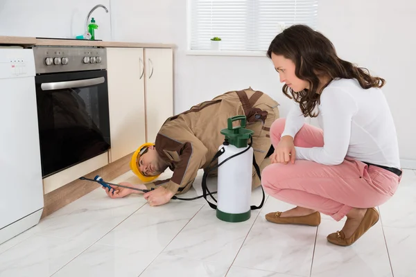 Mujer y trabajador con pulverizador de plaguicidas — Foto de Stock