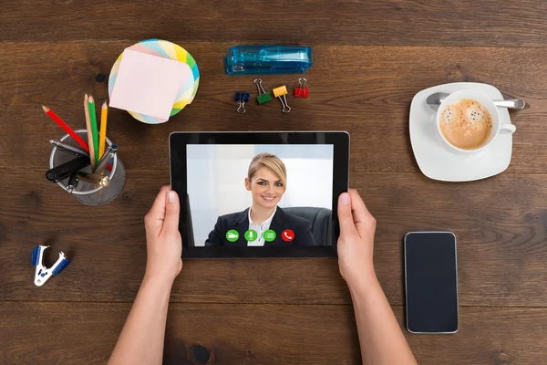 Person Videochatting On Digital Tablet — Stock Photo, Image