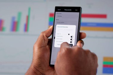 Mobil Cihaz 'da Afro-Amerikalı Adam Şifre Yöneticisi Uygulaması Kullanıyor. Siber Güvenlik Uzmanlığı Veri Güvenliğini Sağlar