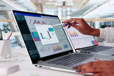 Dişi Finansal Analizci Dizüstü bilgisayardaki KPI Verilerini Analiz Ediyor