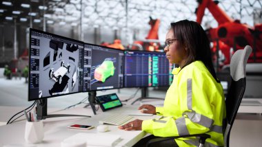 Genç Afrikalı Amerikalı Mühendis Otomotiv Fabrikasında Elektrikli Araba Tasarımı Yapıyor.