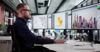 Ofisteki Bilgisayar Ekranında Grafik Tasarım Oluşturan Genç Kafkas Adam.