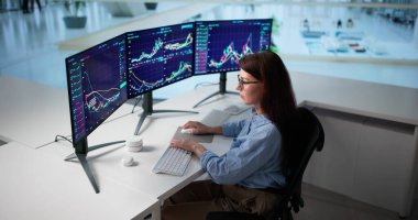 Bilgisayar Ekranlarında Çeşitli Piyasa Aktarımlarını Analiz Etme Yetenekli İş Kadını