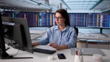 Mali Hesapları Profesyonel Olarak Denetlemek İçin Bilgisayarda Hesap Tablosunu Kullanan Kadın