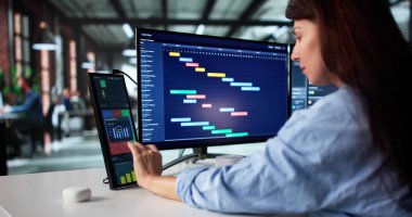 İşkadını Ofisteki Çift Ekranda Mali Verileri Analiz Ediyor