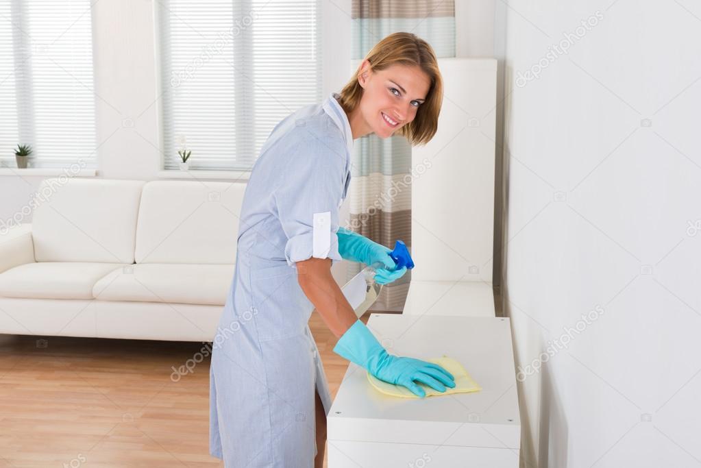 Female Janitor Cleaning Shelf