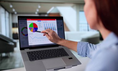 Dokunmatik ekrandaki Genç Kadın Muhasebeci Harcama İzleyici Uygulaması.