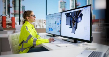 Kontrol Odasında 3 boyutlu yazılım kullanan genç bir kadın mühendis..