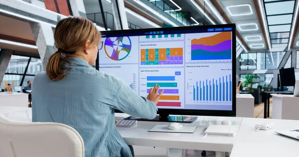 Kadın Ofis Analisti Dokunmatik Ekran Bilgisayarında Anahtar Performans Göstergeleri Analiz Ediyor.