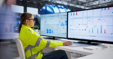 Kadın Mühendis Elektrik Santrali Kontrol Odasında Gaz Türbini İzliyor.