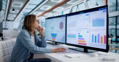 Ofisteki Masaüstü Ekranında Mali Verileri Analiz Eden Genç Beyaz Kadın.