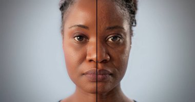 Afrikalı kadının yüzü estetisyen tarafından önce ve sonra değiştirildi.