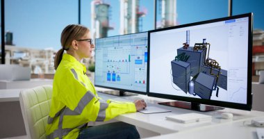 Türbin operasyonlarını izlemek için 3 boyutlu yazılım kullanan kadın mühendis