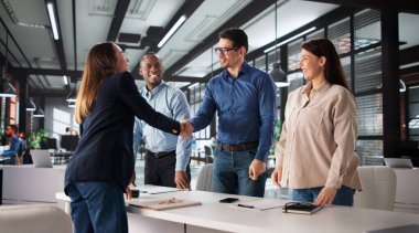 Başarılı Kadın İş Görüşmesinden Çıktı Çeşitli Gruplarla Tokalaşıyor.