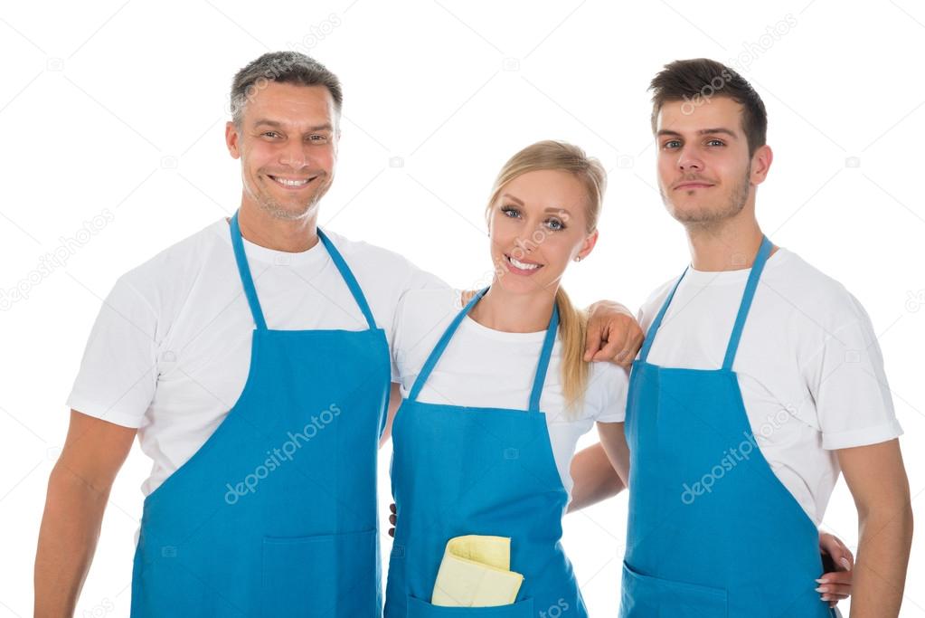 Janitors Wearing Blue Apron