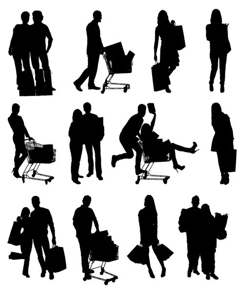 Collage de personas siluetas con bolsas de compras — Vector de stock
