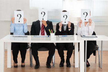 Businesspeople Hiding Face With Question Mark clipart